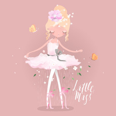 Beautiful ballet girl, ballerina with flowers, floral wreath, bouquet, tied bows and butterly. Little Miss lettering