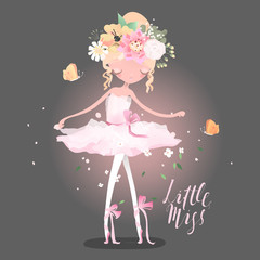 Beautiful ballet girl, ballerina with flowers, floral wreath, bouquet, tied bows, butterly and sparkles. Little Miss lettering © creationsofanna