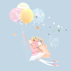 Beautiful ballet girl, ballerina with flowers, floral wreath, bouquet and tied bows flying with the balloons. Little Miss lettering © creationsofanna