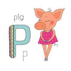 Cute pig with closed eyes in pink dress