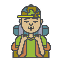 Tourist man icon. Nature outdoorman and sightseer. On vacation, hiking, trekking and camping Tourism and travel icon.