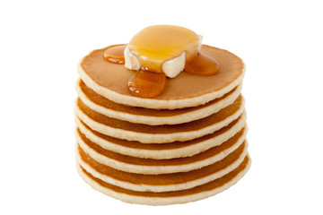 Stack of Pancakes with maple syrup and butter isolated on white background. Shrove Tuesday. Mardi Gras. Food. Family Breakfast. Brunch. Dessert. Snacks.