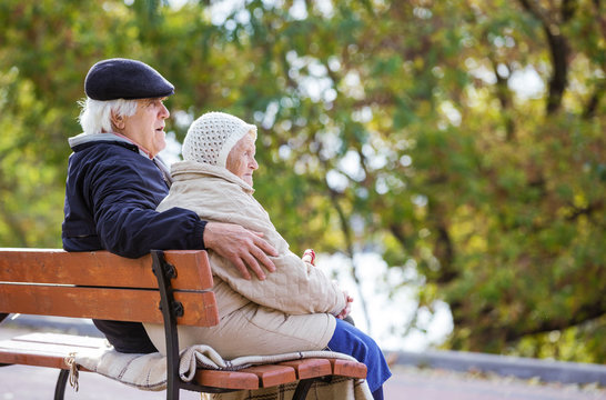 Senior couple sitting on bench in autumn park
