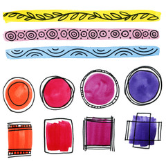 Rainbow colors watercolor paint stains. Hand drawn background set. Web elements for icons, banners, interface, and labels.