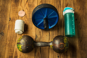 sports equipment on a wooden bacground