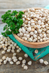 Chickpeas grains and parsley.