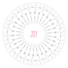 A circular pattern of elements that symbolize Valentine's day, with the inscription Joy