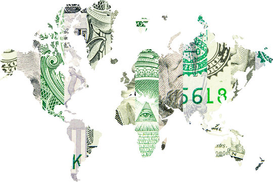 double exposure with world map and american dollar collage as background