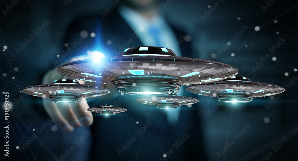 Aufkleber Businessman with retro UFO spaceship 3D rendering