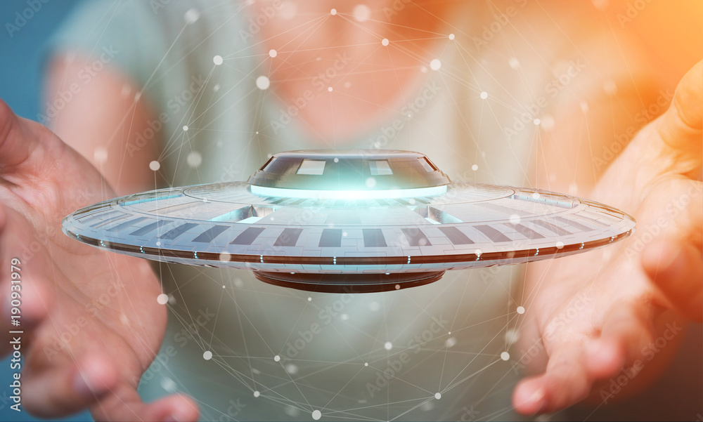 Poster businesswoman with retro ufo spaceship 3d rendering
