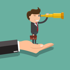 Businessman looking through binoculars standing on big hand, Business vision concepts, Vector illustration