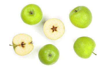 green apples with slices isolated on white background top view. Set or collection. Flat lay pattern