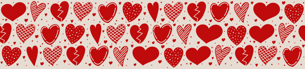 Panoramic banner with hand drawn hearts. Women's Day, Mother's Day and Valentine's Day. Vector.