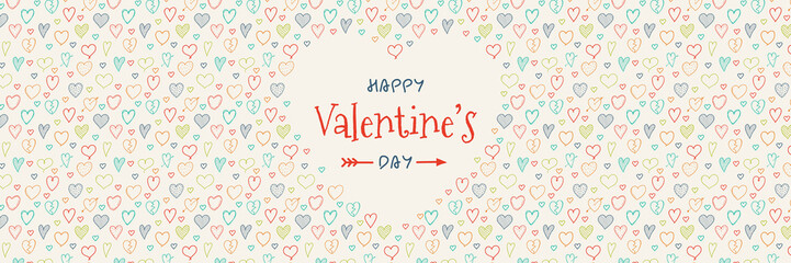 Concept of panoramic banner for Valentine's Day with hand drawn hearts. Vector.