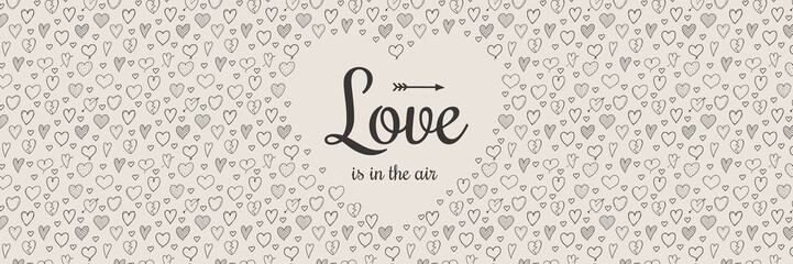 Concept of panoramic banner for Valentine's Day with hand drawn hearts. Vector.