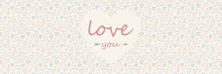 Concept of panoramic banner for Valentine's Day with hand drawn hearts. Vector.