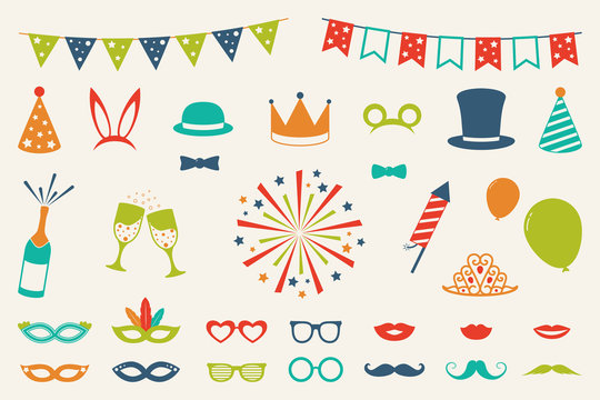 Party elements - collection of funny icons. Carnival, photo booth and birthday. Vector.