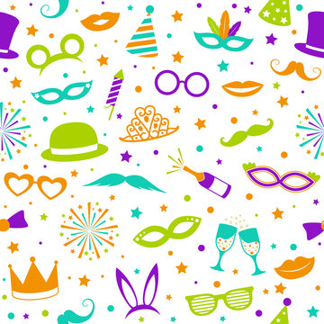 Funny party background - seamless texture. Carnival, photo booth and birthday party. Vector.