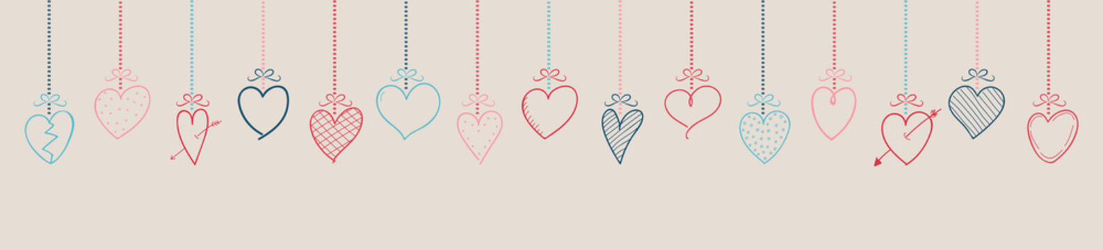 Cute sketch of hanging hearts - panoramic header. Valentine's Day, Mother's Day or Women's Day. Vector.