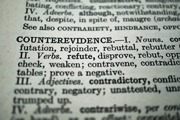 closeup of the word counterevidence in the dictionary