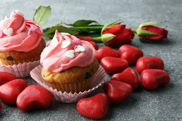 Delicious cupcake for Valentine Day. cake for Valentines day with chocolate and strawberries. Traditional homemade with red roses