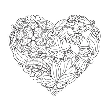 The  drawn  heart with flowers and plants for Valentine's Day or weddings