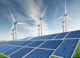 Solar panel  and wind power station. Ecological energy concept and idea.
