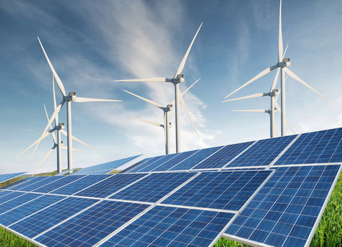 Solar panel  and wind power station. Ecological energy concept and idea.
