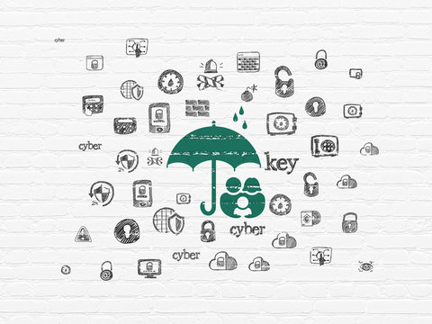 Safety concept: Painted green Family And Umbrella icon on White Brick wall background with  Hand Drawn Security Icons