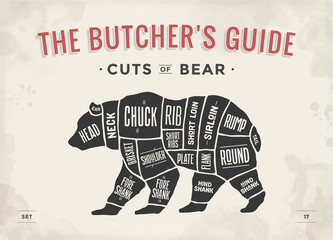 Naklejka premium Bear. Cut of meat set. Poster Butcher diagram, scheme - Bear. Vintage typographic hand-drawn black bear silhouette for butcher shop, restaurant menu, graphic design. Meat theme. Vector Illustration