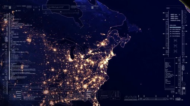To New York from California .USA.Planet Earth intro.Flight over USA.HUD with digital data code.Futuristic cosmic opener. Good for headline news, TV show.