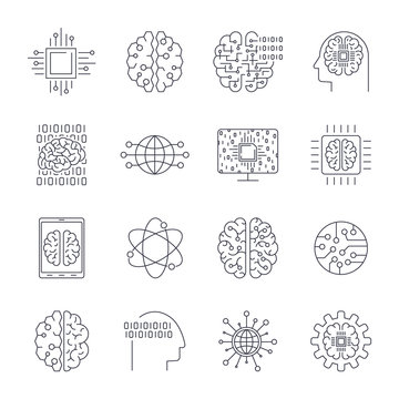Icons in contour, thin and linear design. Artificial Intelligence, Modern technology. Concept illustration for website, apps, programs. AI, IoT, Robot, Cyber brain, chipping and other.