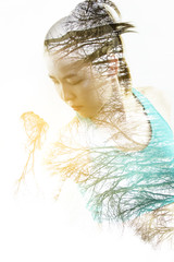 Double exposure portrait of woman, fitness concept.