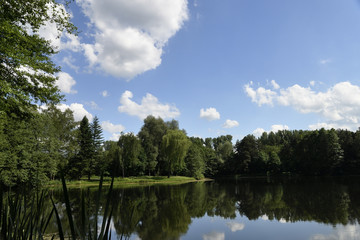 Sonniger See mit blauen Himmel und Wolken, lake with blue sky and clouds