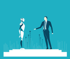 RPA Robotic progress automatisation concept illustration. Humans vs Robots. Human and robot talking about business