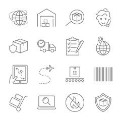 Parcel delivery service and logistics icon set. Fast delivery and quality service transportation. Shipping vector icons for logistic company. Editable Stroke.