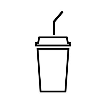 Disposable beverage cup line icon. Drink paper cup with lid and straw. Vector Illustration