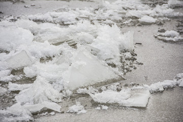 snow covered formed pack ice on the background of winter river water. Ice collision. © yos_moes
