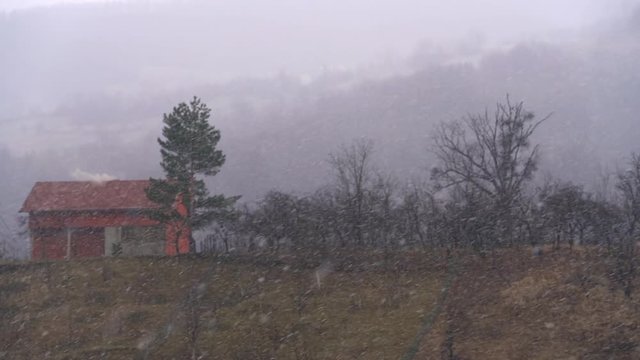 The first snow gently falling on trees and hill - (4K)