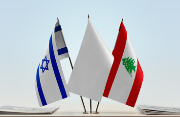 Flags of Israel and Lebanon with a white flag in the middle