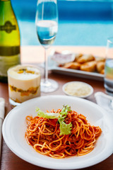 Spaghetti bolognese served for lunch