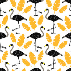 Cute cartoon black flamingos and gold tropical leaves isolated on white background. Vector seamless pattern can be used for posters, banners, t-shirt print, party invitaions, wrapping