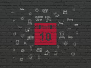 Timeline concept: Painted red Calendar icon on Black Brick wall background with  Hand Drawing Time Icons