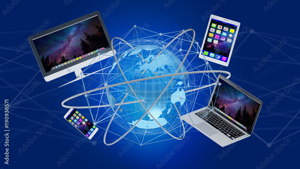 Poster Computer and devices displayed on a futuristic interface with international network  - 3d render