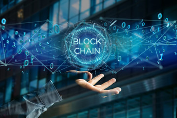 Blockchain title with 0 and 1 data flying over