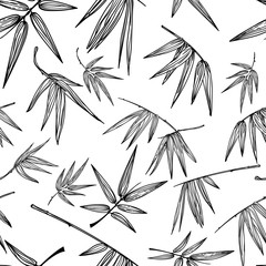 Fototapeta premium Vector seamless outline bamboo leaves pattern. Black and white hand drawn background. Design for fashion textile print, asian spa and massage, cosmetics package, furniture materials.
