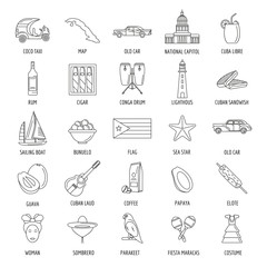 Fototapeta premium Outline Cuba icons with state sovereignty elements national and cultural traditions and nature symbols isolated vector illustration
