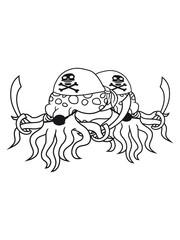 2 freunde team paar pirat seeräuber säbel schwerter schiff boot meer überfall blick böse gefährlich oktopus tentakel unterwasser tintenfisch riesenkrake kraken comic cartoon design clipart