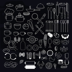 Kitchen utensils symbols on blackboard. Collection of handmade labels, badges and logo elements, retro symbols for restaurant, food studio, bakery shop, cafe, cooking club.