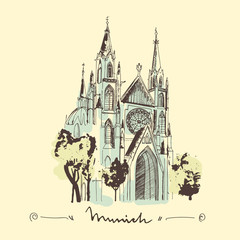 Fototapeta premium Sketch of St. Paul church in Munich hand drawn illustration. Gothic cathedral as a landmark of Munich. 